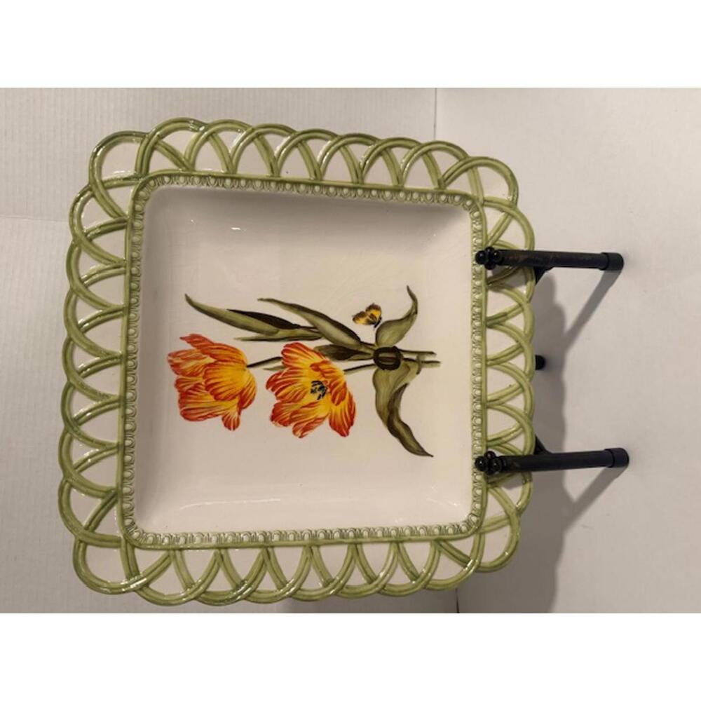 RAYMOND WAITES HAMPTON GARDEN FLORAL BASKET SERVING PLATE PLATTER 12" SQUARE
